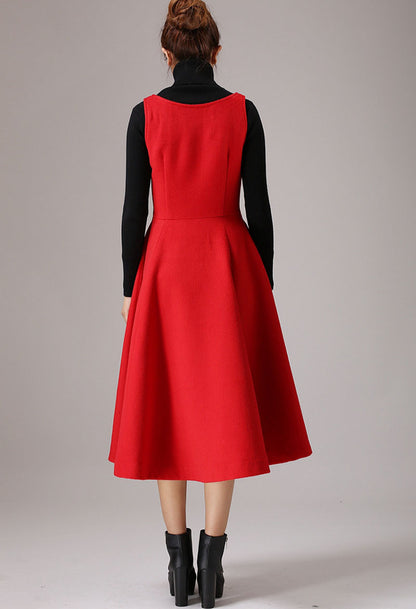 Red Wool Maxi Dress - Sleeveless Flared Silhouette 769