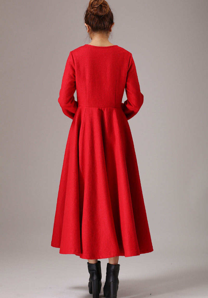Wool Maxi Dress Red Long Dress Long Sleeve Dress (766)
