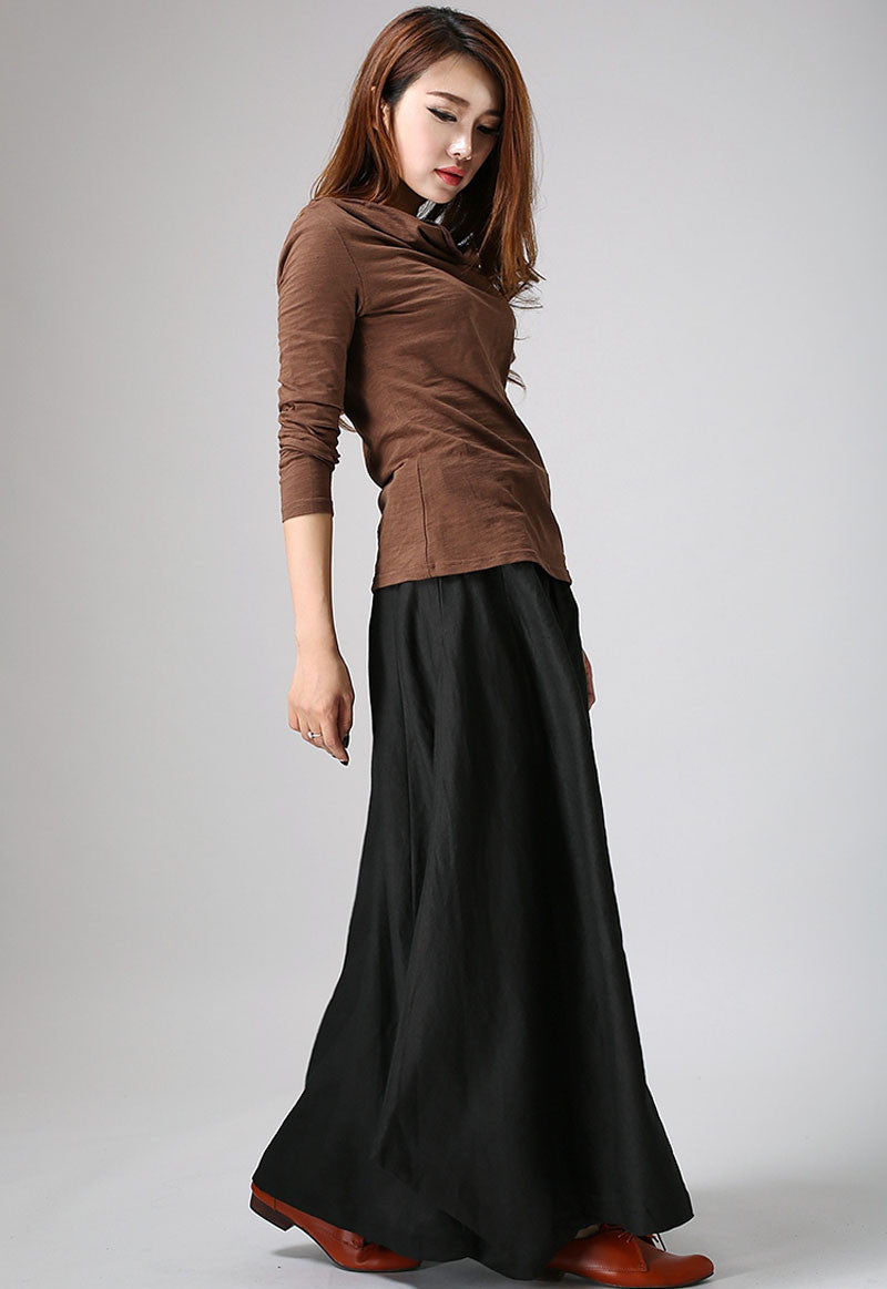 Woman maxi slong linen skirt in Black 0902#
