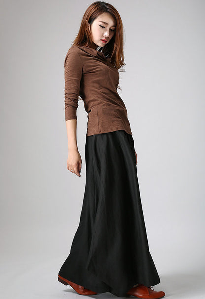 Black Linen Cotton Maxi Skirt – Handmade Custom Long Skirt for Women | Xiaolizi 0902