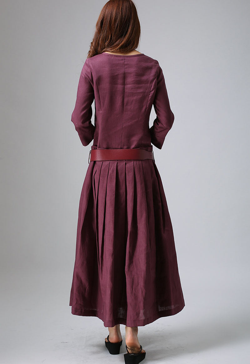 Purple Linen Pleated Maxi Dress | Xiaolizi 802 Purple Linen Pleated Maxi Dress | Xiaolizi 802