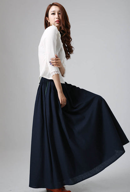 Navy Linen Maxi Skirt - Pleated Waist Side Pockets | Xiaolizi 815