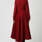 Womens Long Red Wool Blend Coat with Ruffle Detailing 1104#