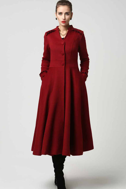 Women’s red winter maxi coat with slim bodice and flared skirt