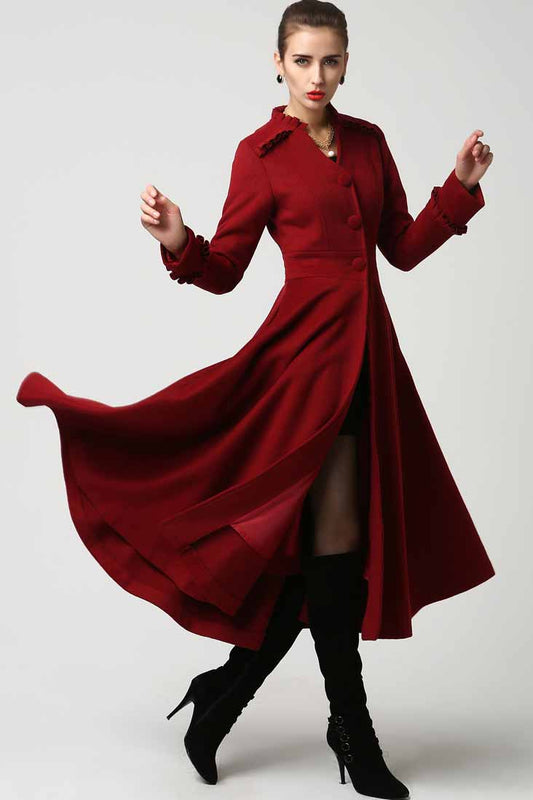 Red wool blend fit-and-flare coat with ruffle collar and cuffs