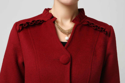 Red Wool Maxi Coat for Women – Ruffle Trim, Fit & Flare Winter Overcoat 1104
