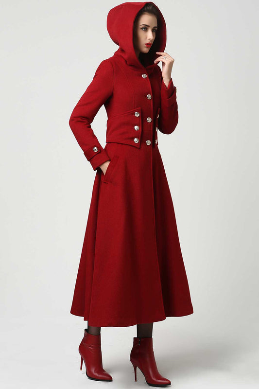 Womens Long Red Wool Coat with Hood 1107#
