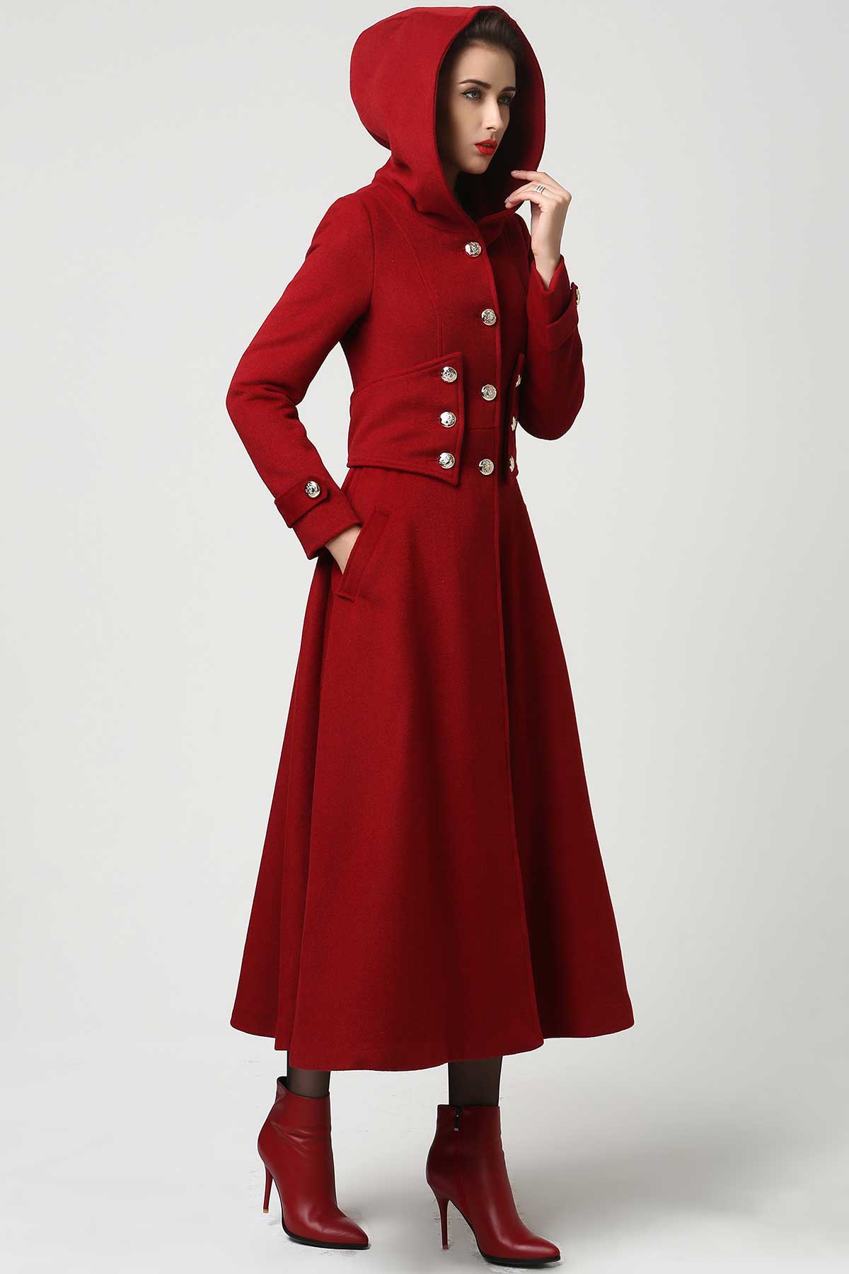 Hooded Wool Fitted Wool Coat Womens Womens Long Red Wool Coat With