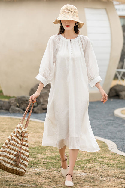 White Linen Maxi Dress - Loose Waist, Front Button Detail 2864