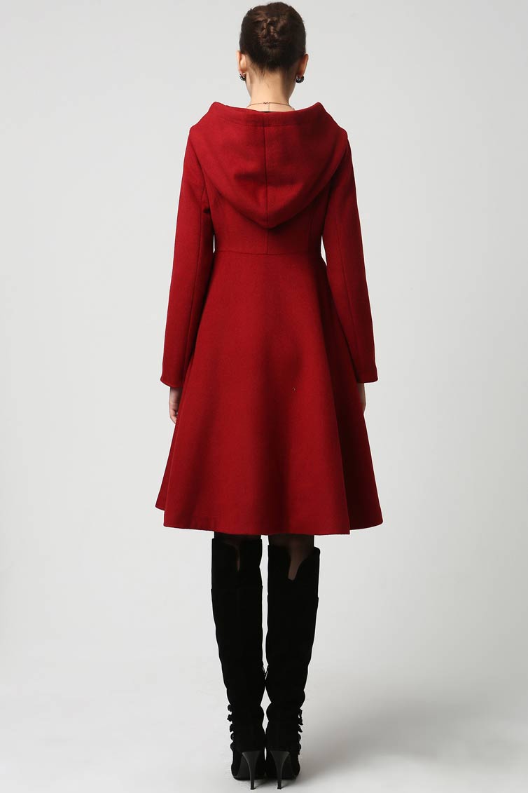 Red wool coat with big hood swing coat 1117#