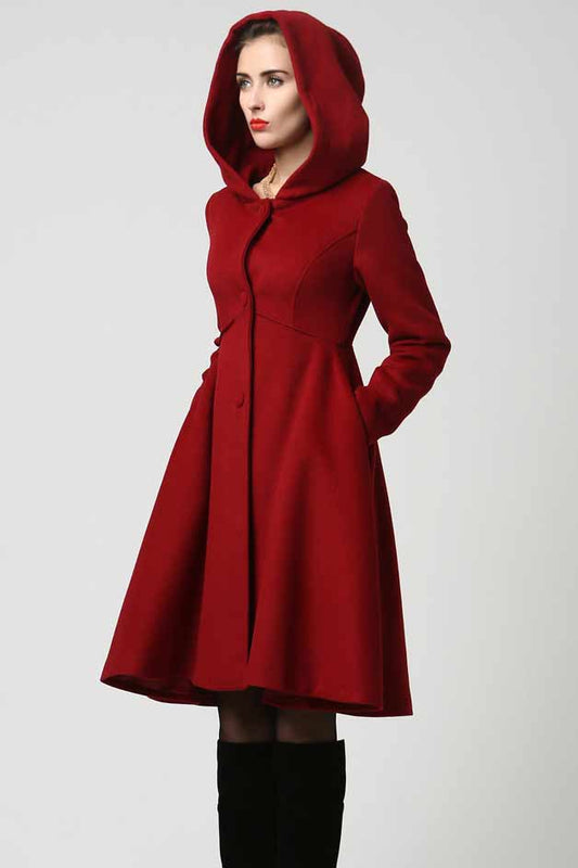 Red Hooded Swing Wool Coat 1117#