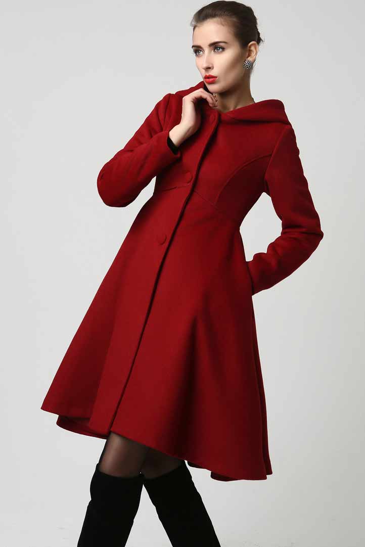Red Hooded Swing Wool Coat 1117#