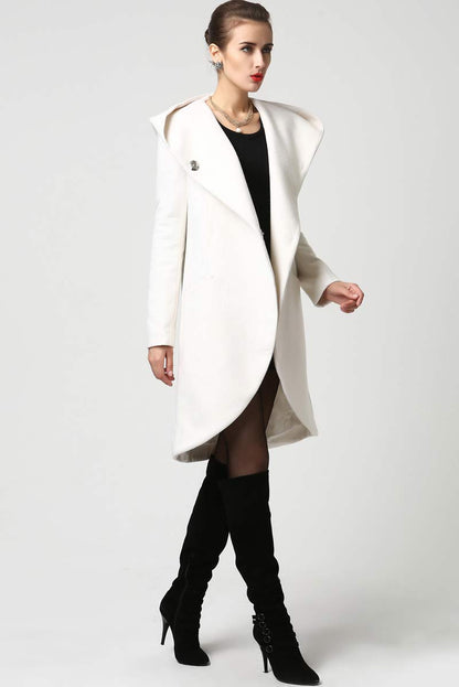 Elegant white winter wool coat for women with big hood and long sleeves