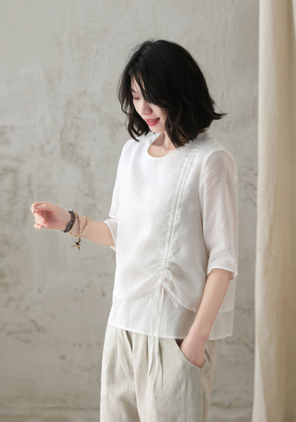 White Linen Shirt Top - Scoop Neckline, Drawstring Detail 2825