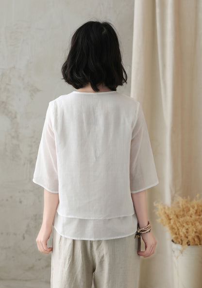 White Linen Shirt Top - Scoop Neckline, Drawstring Detail 2825
