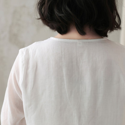 White Linen Shirt Top - Scoop Neckline, Drawstring Detail 2825