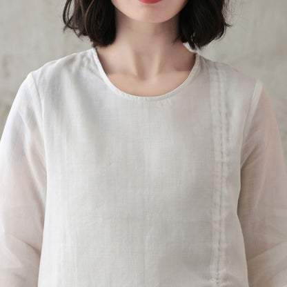 White Linen Shirt Top - Scoop Neckline, Drawstring Detail 2825