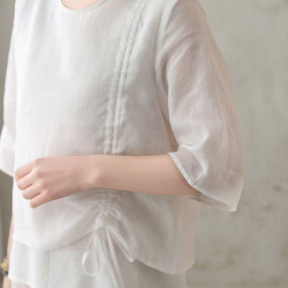 White Linen Shirt Top - Scoop Neckline, Drawstring Detail 2825