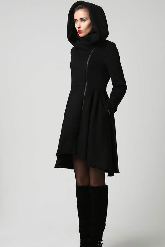 Black Winter Hooded Wool Coat 1121