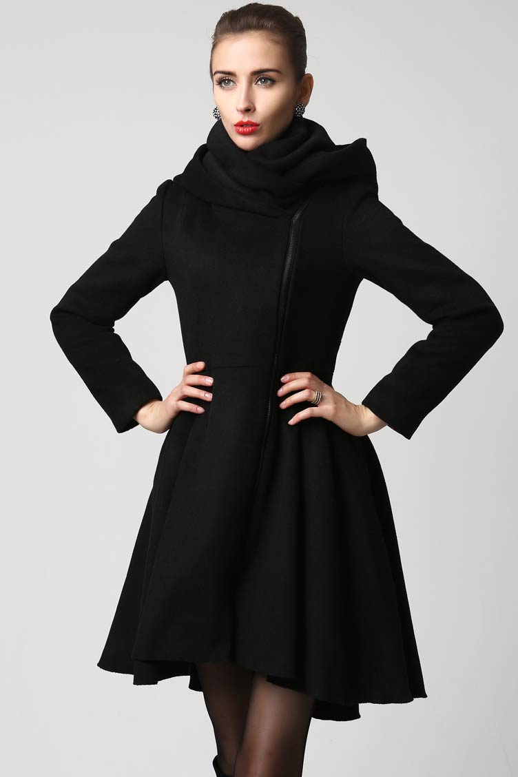 Black Winter Hooded Wool Coat Women 1121# – XiaoLizi