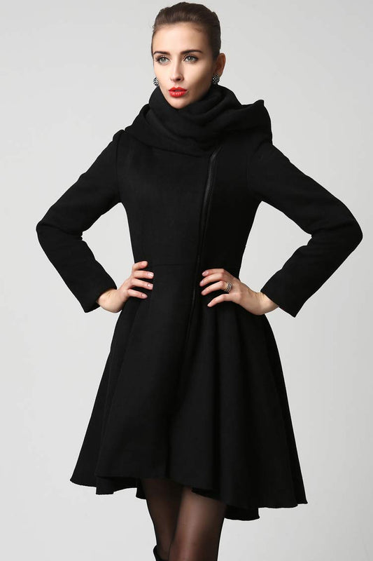 Black Winter Hooded Wool Coat 1121