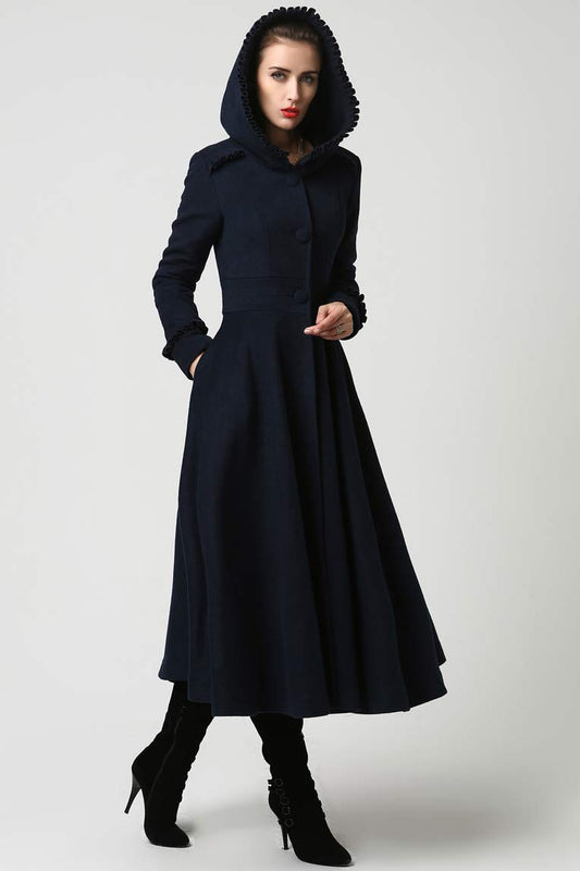 Dark Blue Long Hooded Wool Coat 1102#