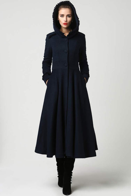 Dark Blue Long Hooded Wool Coat 1102#