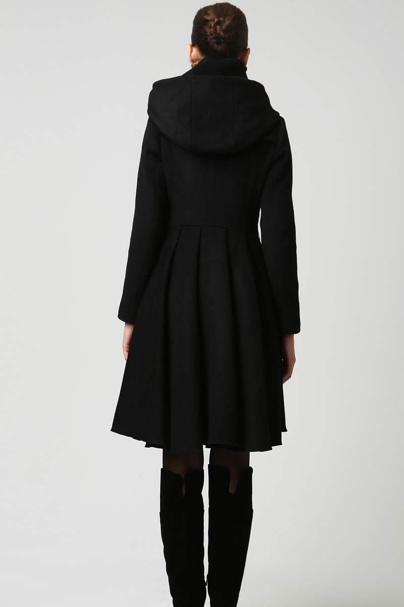 Black Winter Hooded Wool Coat 1121