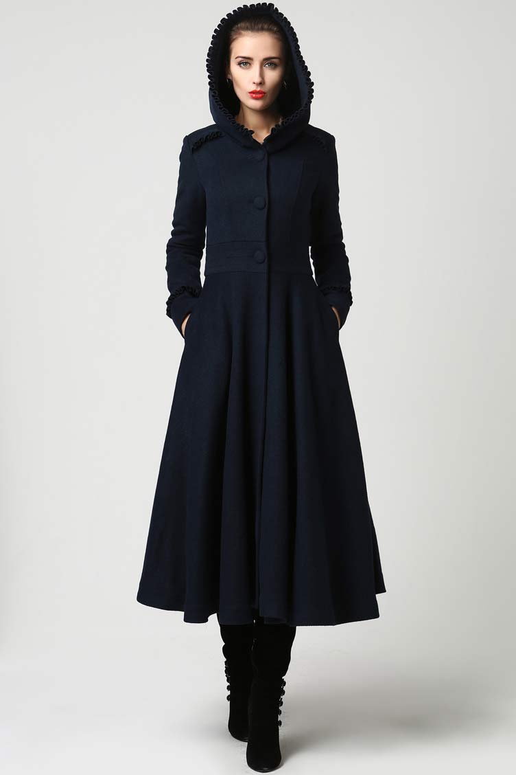 Womens Long Wool Coat with Hood and Ruffle 1102# – XiaoLizi