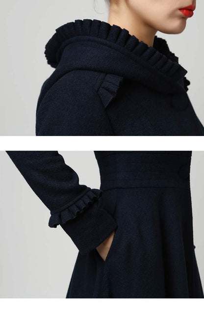 Navy Hooded Wool Maxi Coat – Ruffle Trim Fit & Flare Winter Coat | Xiaolizi 1102