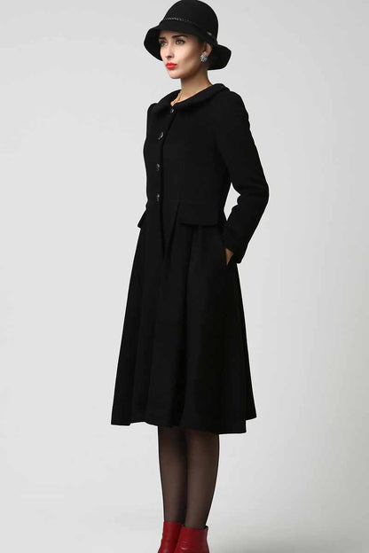 Black Wool Coat - Ruffled Collar, Flared Fit 1125