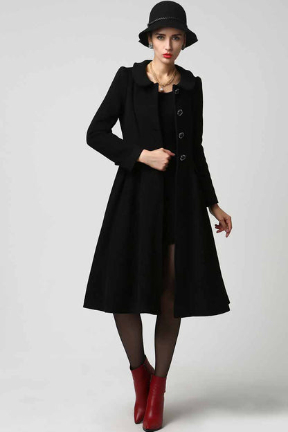 Black Wool Coat - Ruffled Collar, Flared Fit 1125