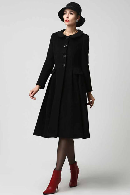 Black Wool Coat - Ruffled Collar, Flared Fit 1125