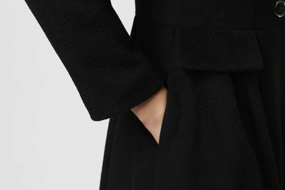 Black Wool Coat - Ruffled Collar, Flared Fit 1125