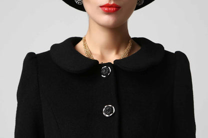 Black Wool Coat - Ruffled Collar, Flared Fit 1125