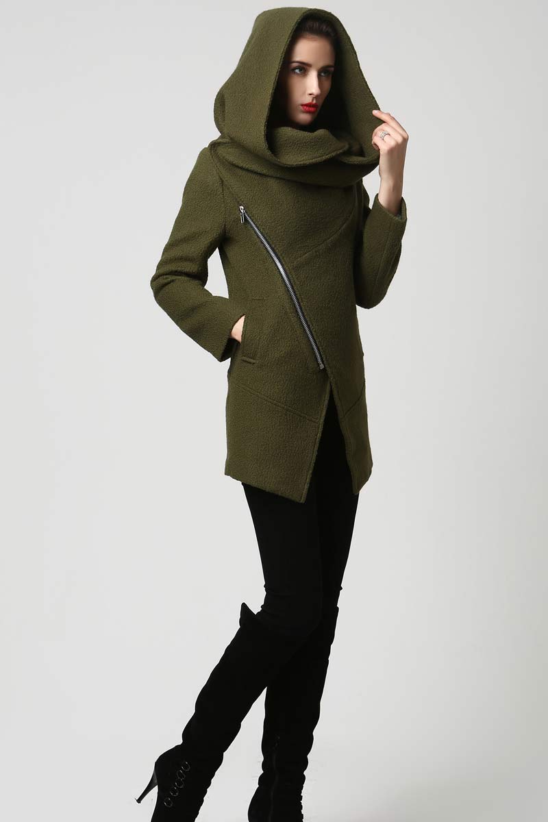 Womens Short Green Wool Coat with Oversized Hood  1128#