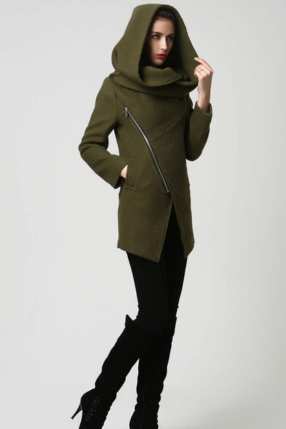 Moss Green Wool Coat – Asymmetrical Short Winter Coat with Oversized Hood 1128
