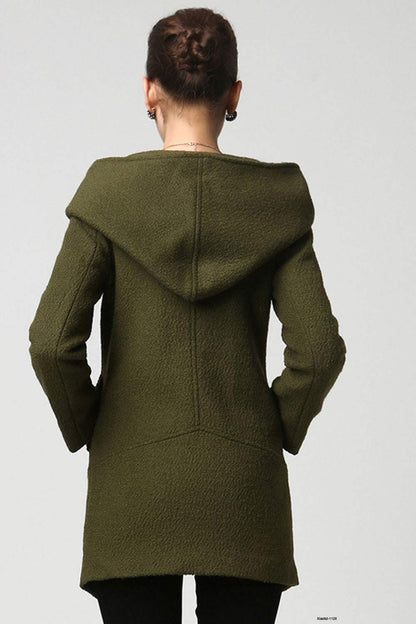 Moss Green Wool Coat – Asymmetrical Short Winter Coat with Oversized Hood 1128