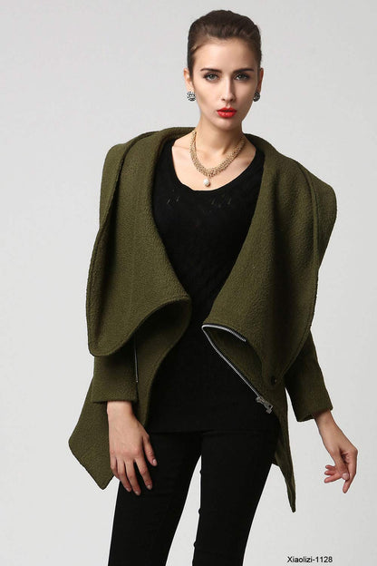 Moss Green Wool Coat – Asymmetrical Short Winter Coat with Oversized Hood 1128