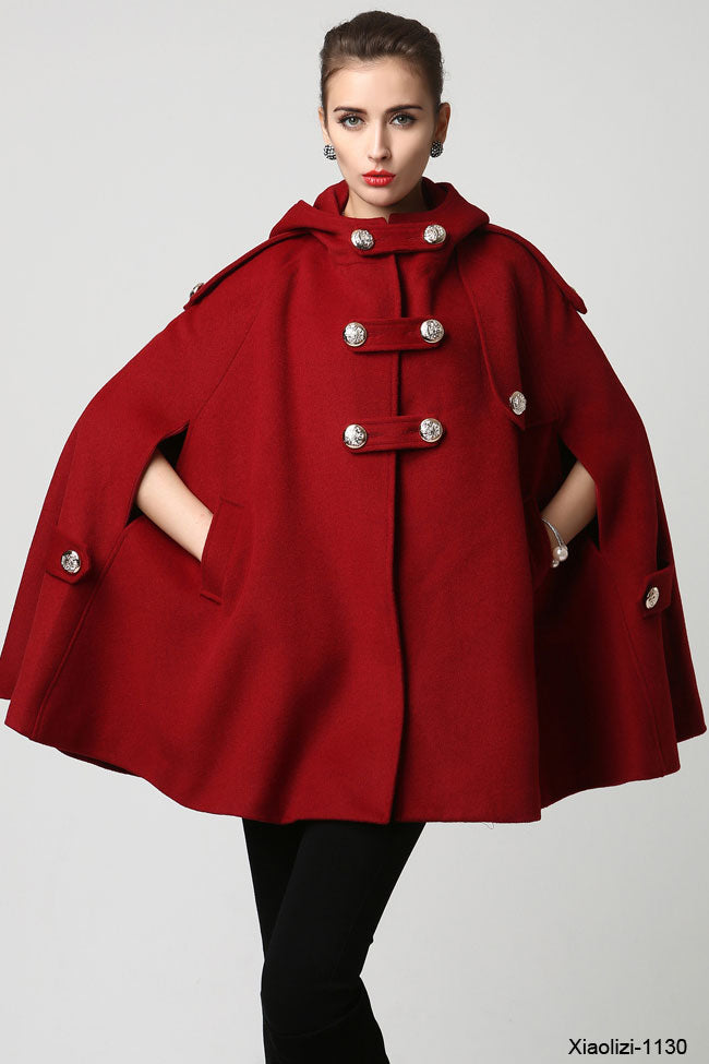 Handmade Wine Red Wool Cape Coat – Hooded Double-Breasted Winter Overcoat | Xiaolizi 1130