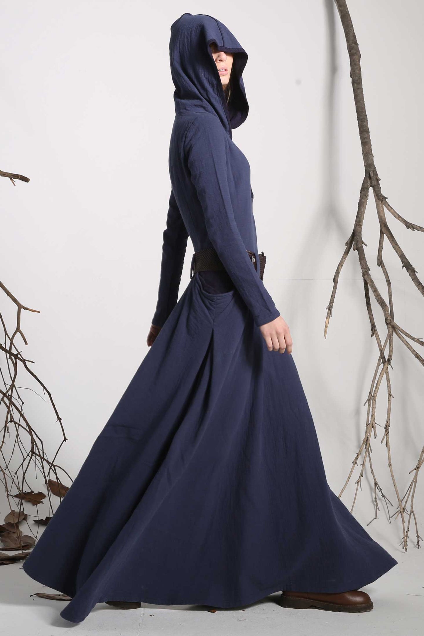 Midnight Blue Linen Maxi Dress Hooded Long Sleeve Dress 1140 Xiaolizi Midnight Blue Linen Maxi Dress Hooded Long Sleeve Dress 1140 Xiaolizi