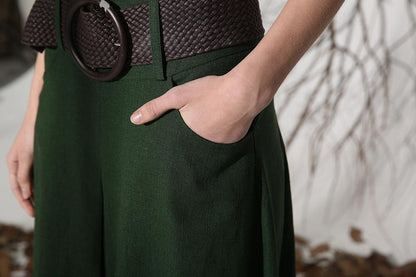 Green Linen Maxi Skirt - A-Line Silhouette with Pockets 1152GN00