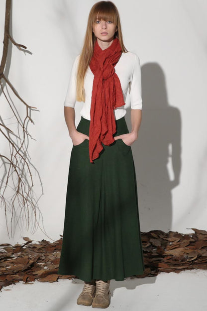 Green Linen Maxi Skirt - A-Line Silhouette with Pockets 1152GN00