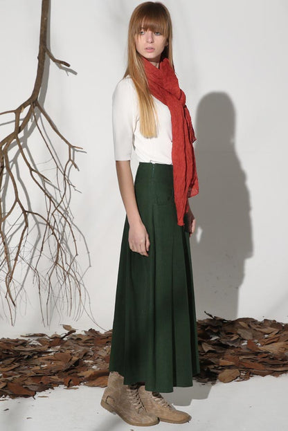 Green Linen Maxi Skirt - A-Line Silhouette with Pockets 1152GN00