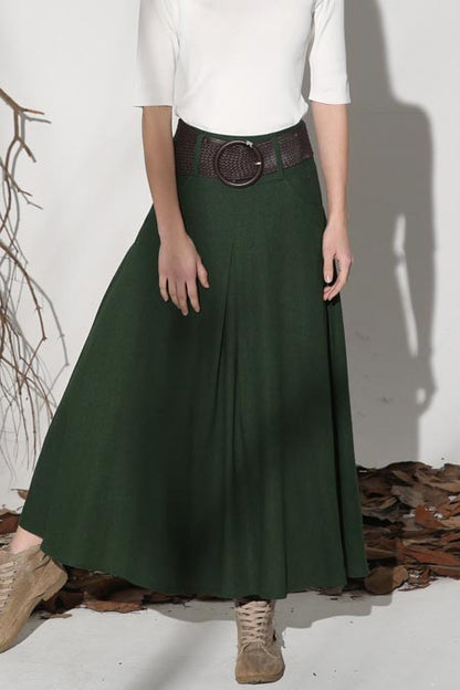 Green Linen Maxi Skirt - A-Line Silhouette with Pockets 1152GN00