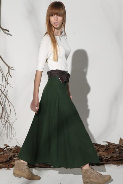 Green Linen Maxi Skirt - A-Line Silhouette with Pockets 1152GN00