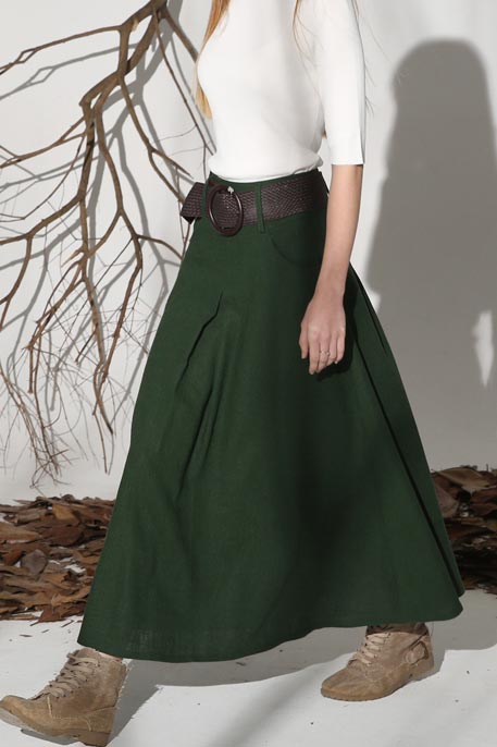 Green linen maxi skirt 1152#
