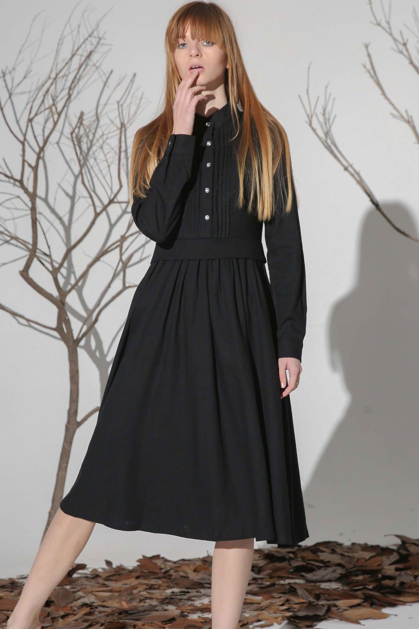 black linen shirt dress Black Linen Midi Shirt Dress with Pleated Front Detail – Xiaolizi
