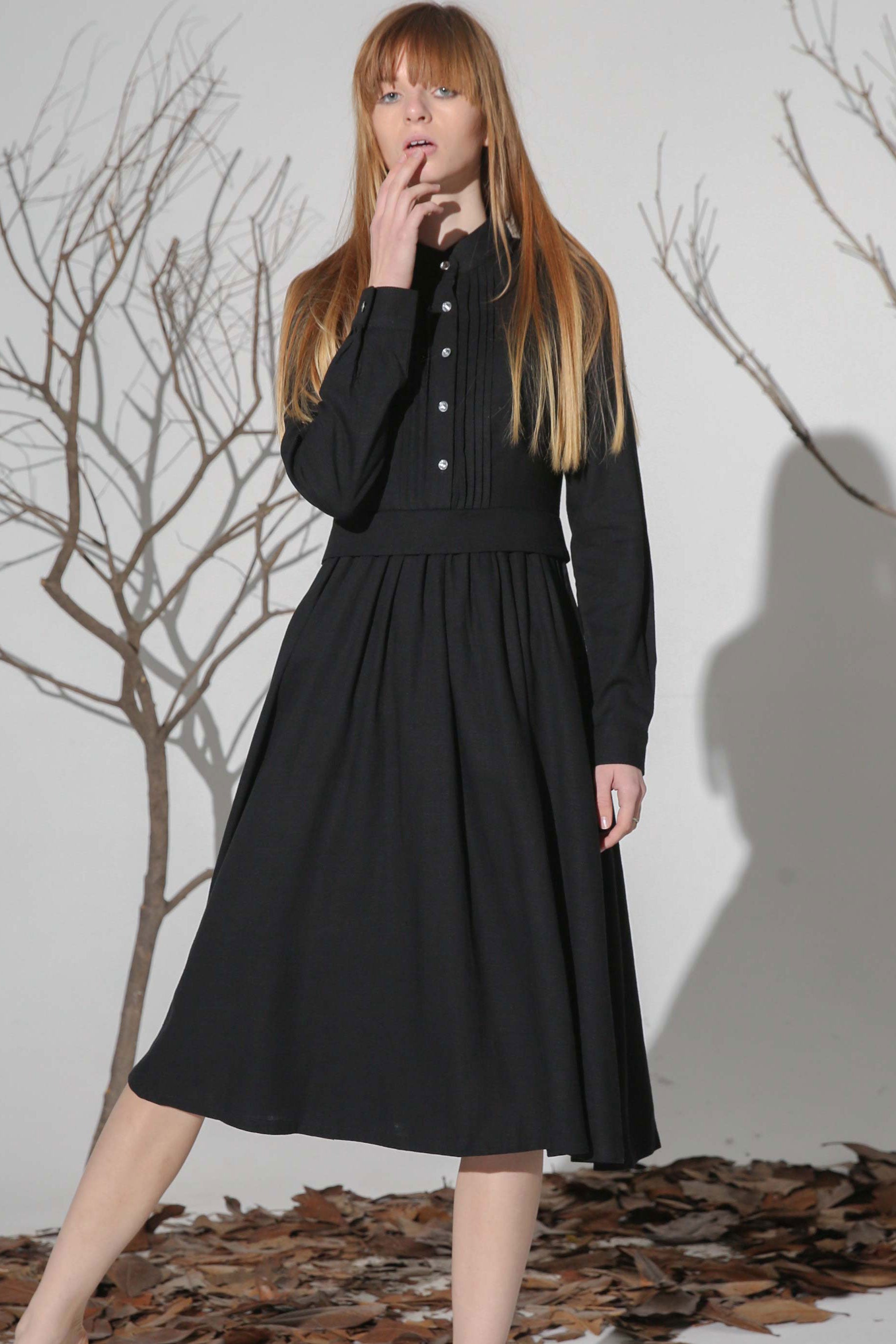 linen dresses aliexpress black Midi Shirt Dress with Pleated Front Detail – Xiaolizi making it perfect for JEAN PAUL GAULTIER Draped Size:6Y/6X 25XP