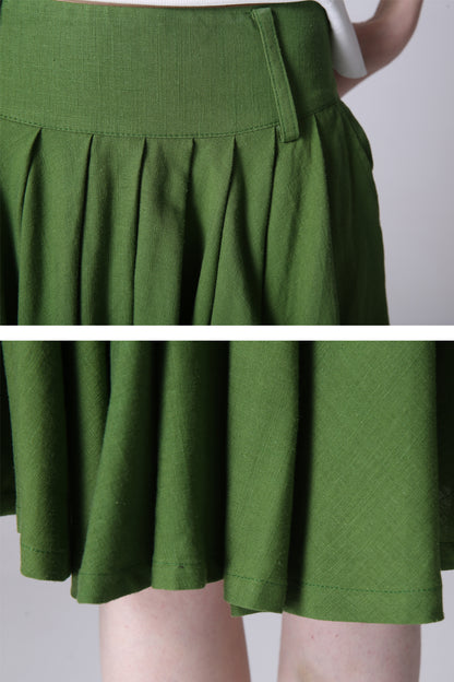 Green Linen Blend Pleated Midi Skirt - Flowy Silhouette 1188